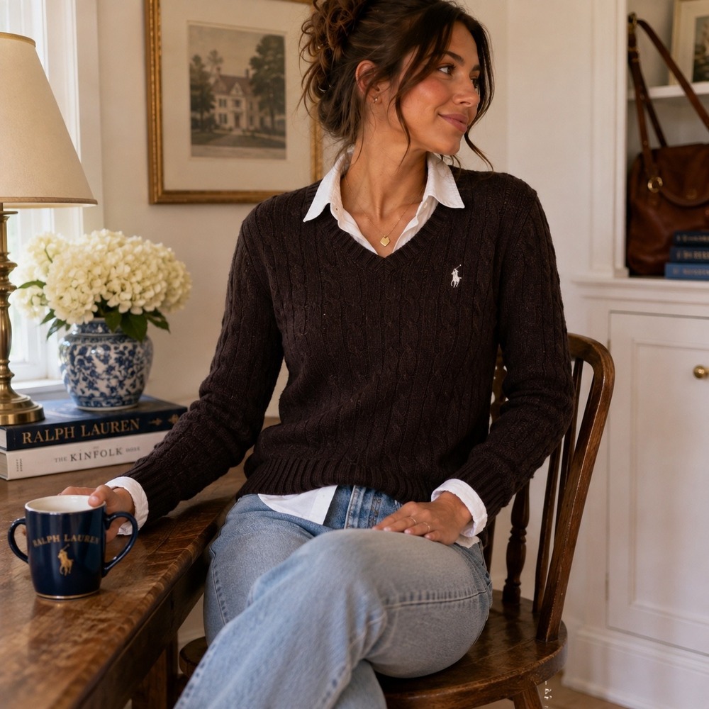 Ralph Lauren Sport M Brown Cable Knit Sweater Pony Logo Preppy Classic Pullover